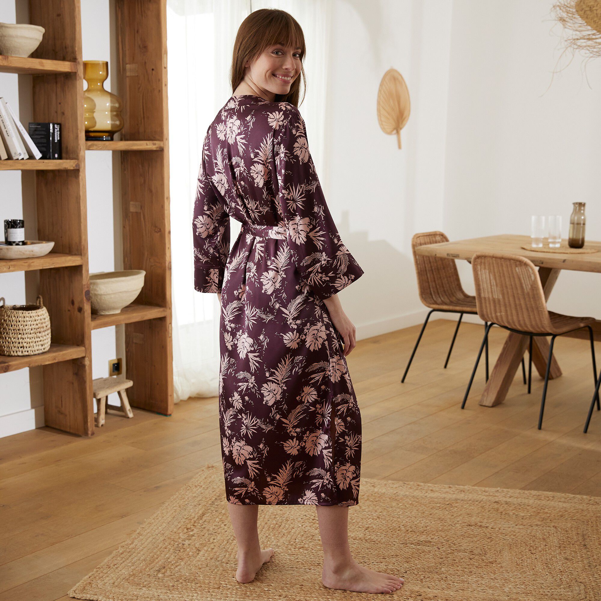 Kimono long en satin imprimé