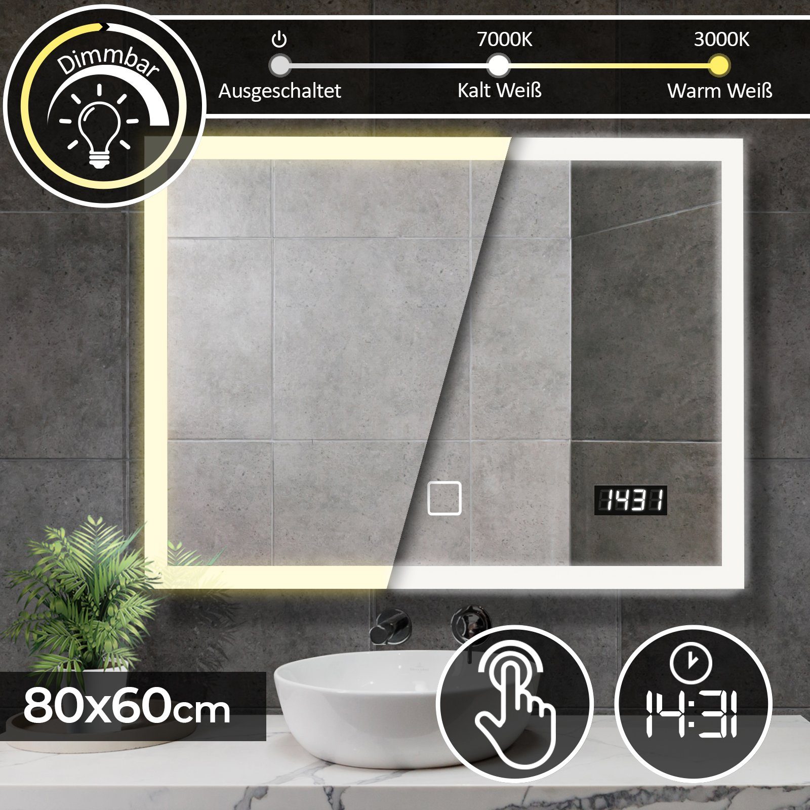 Aquamarin Badezimmerspiegelschrank Badspiegel mit LED - Touchschalter, Digitaluhr - Badezimmerspiegel