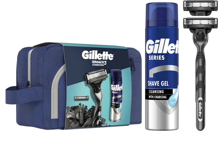 Gillette Men's Mach 3 Charcoal Set barbermaskine + gel + kosmetikpung