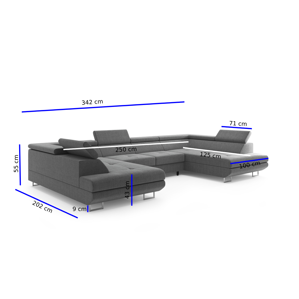 Möbel Punkt Wohnlandschaft U–Form Ecksofa Monaco Webstoff Grau mit Bett Bettkasten Kopfteilverstellung Bigsofa