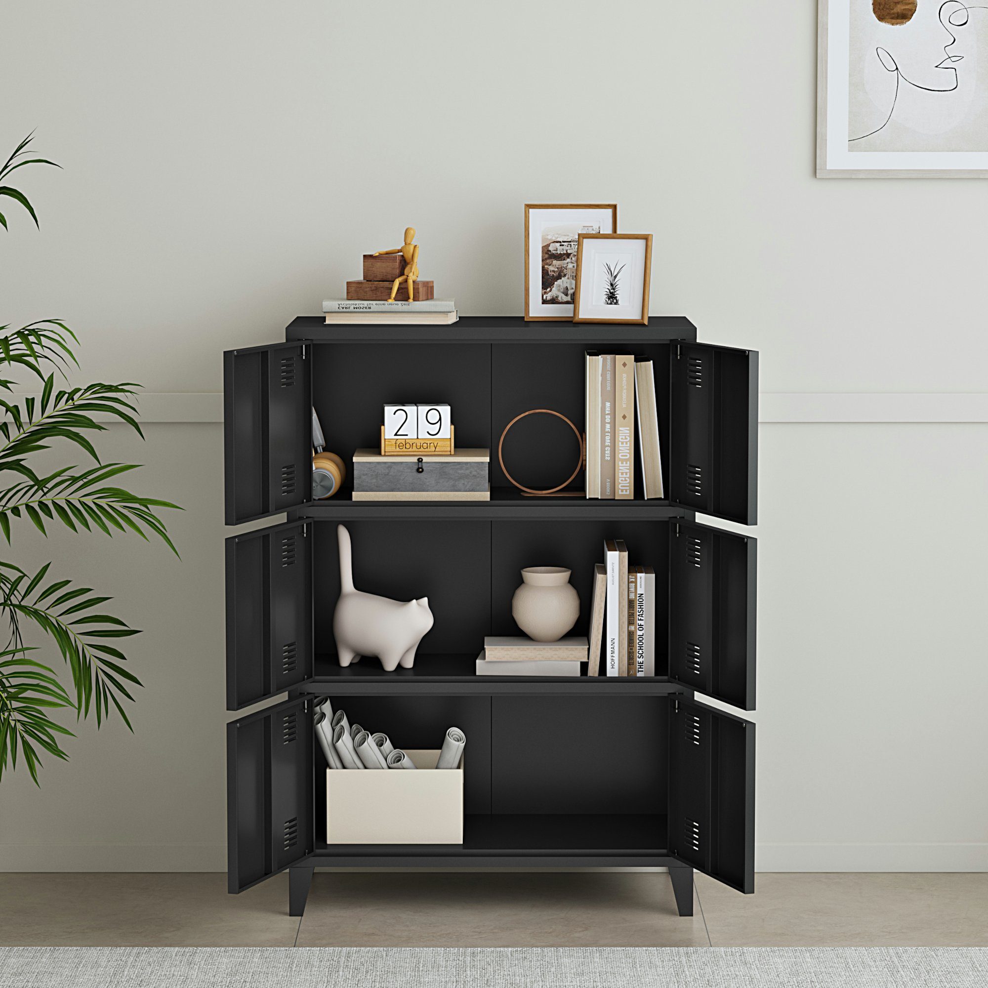 en.casa Mehrzweckschrank Hamina Büroschrank mit 6 Türen 80x140x113 cm Schwarz