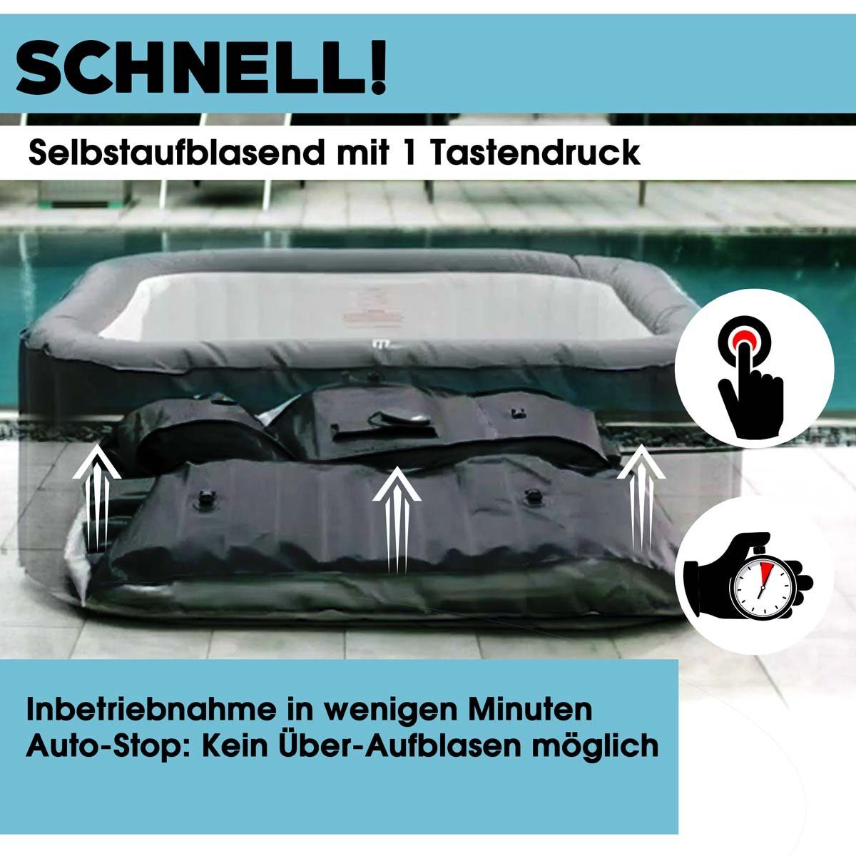 mSpa Whirlpool BRAST aufblasbar Otium für 6 Personen 185x185x68cm In- Outdoor Pool, (125 Massagedüsen Timer Heizung Aufblasfunktion per Knopfdruck), Bubble Spa Wellness Massage