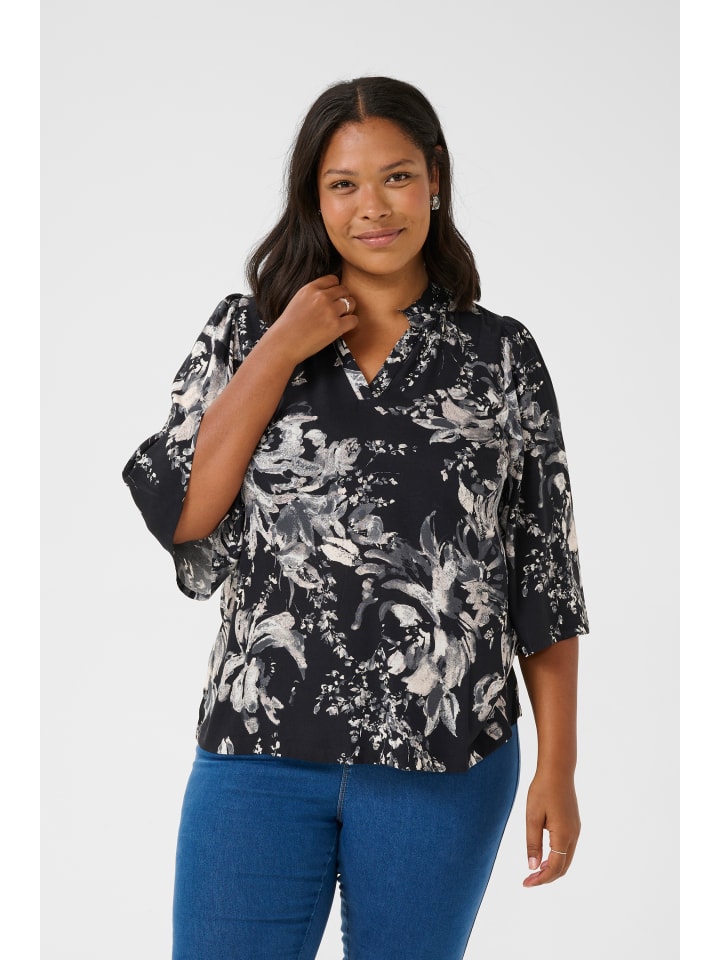KAFFE curve Kurzarm-Bluse KCmona in Black/White Painted Flower günstig kaufen
