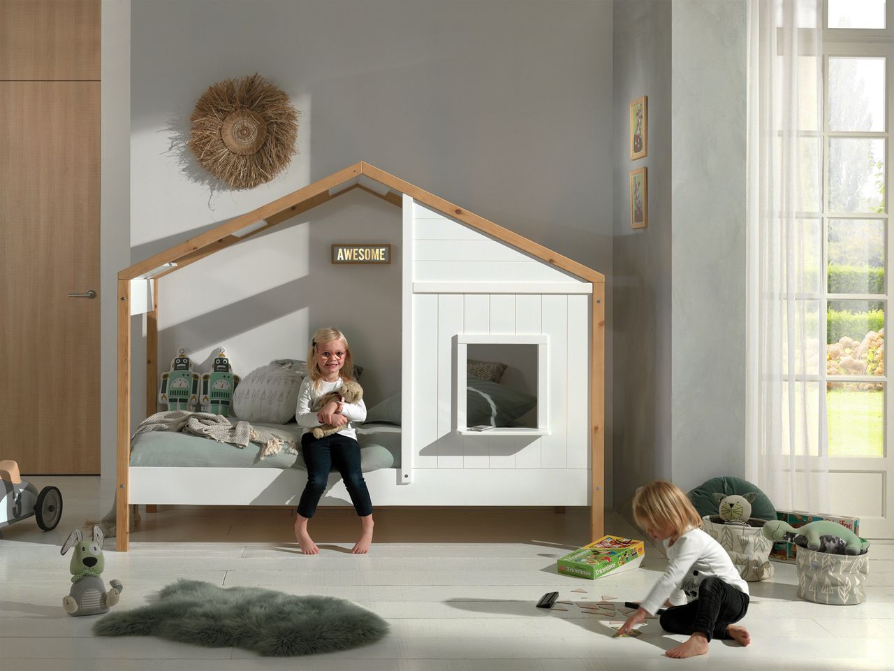 VIPACK Landhausbett BABS mit Liegefläche 90 x 200 cm, inkl. Lattenrost, Ausf. teilmassiv Kiefer, Farbe Oak/Weiß