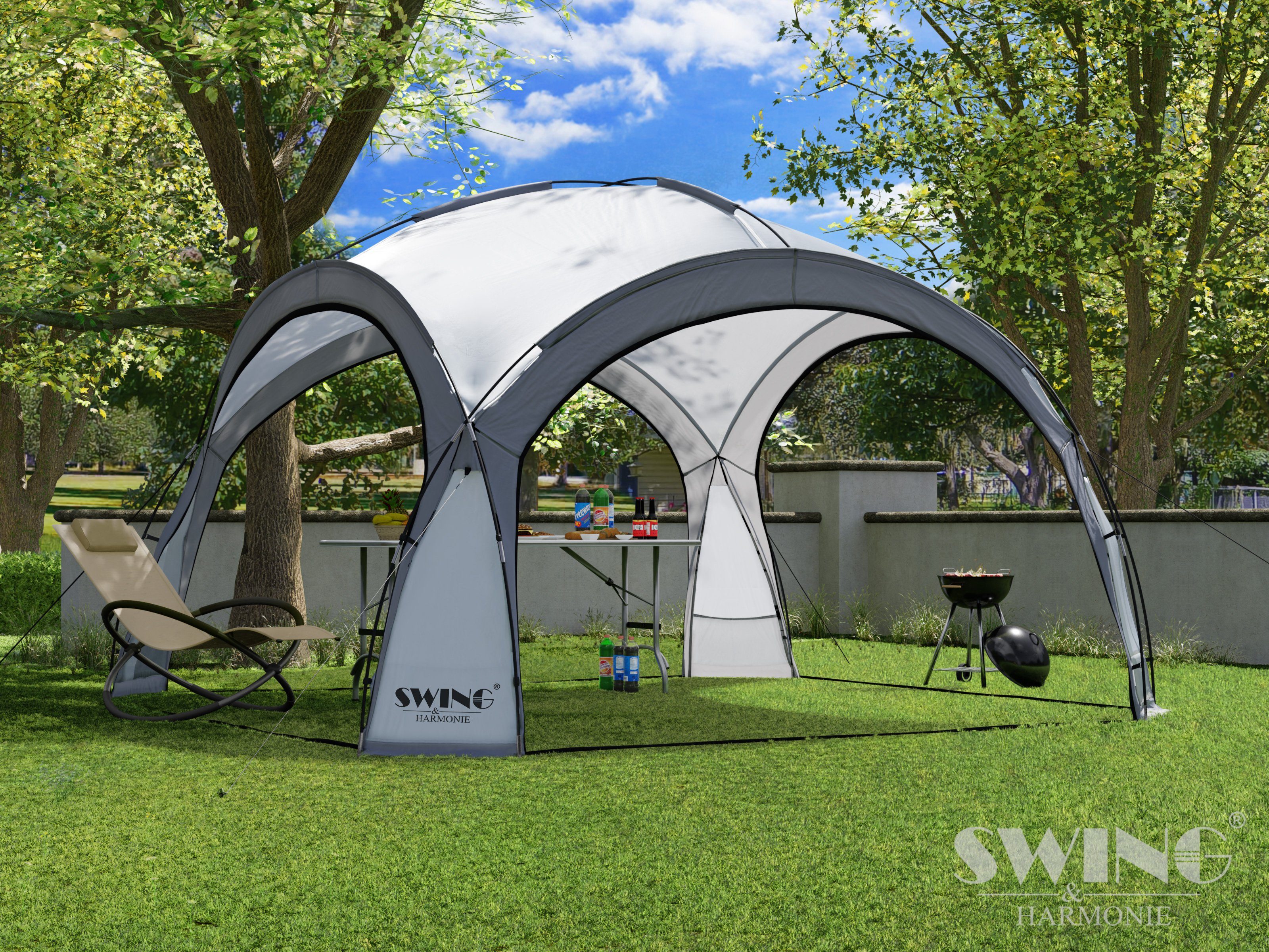 Swing&Harmonie Faltpavillon LED Event Pavillon XXL DomeShelter 450cm, inkl. Solarmodul Designer Gartenzelt mit Beleuchtung Camping Partyzelt