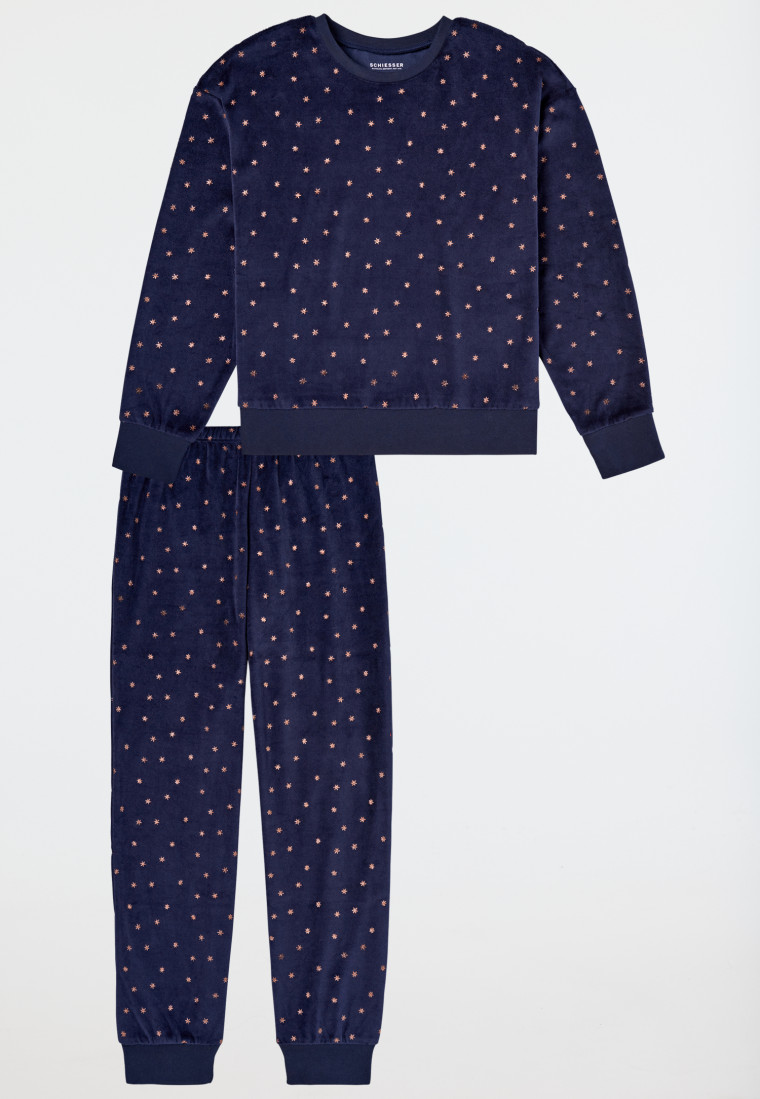 Schlafanzug lang Velour Sterne nachtblau - Nightwear