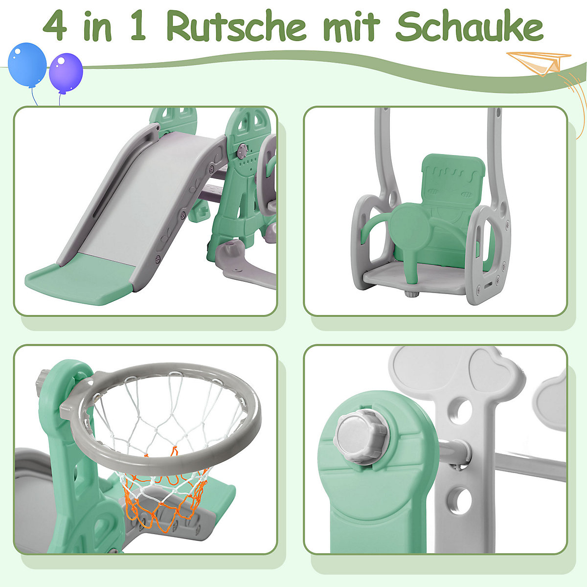 Rutsche 3 in 1 Kinderrutsche Spielplatz mit Schaukeln, Basketballkorb