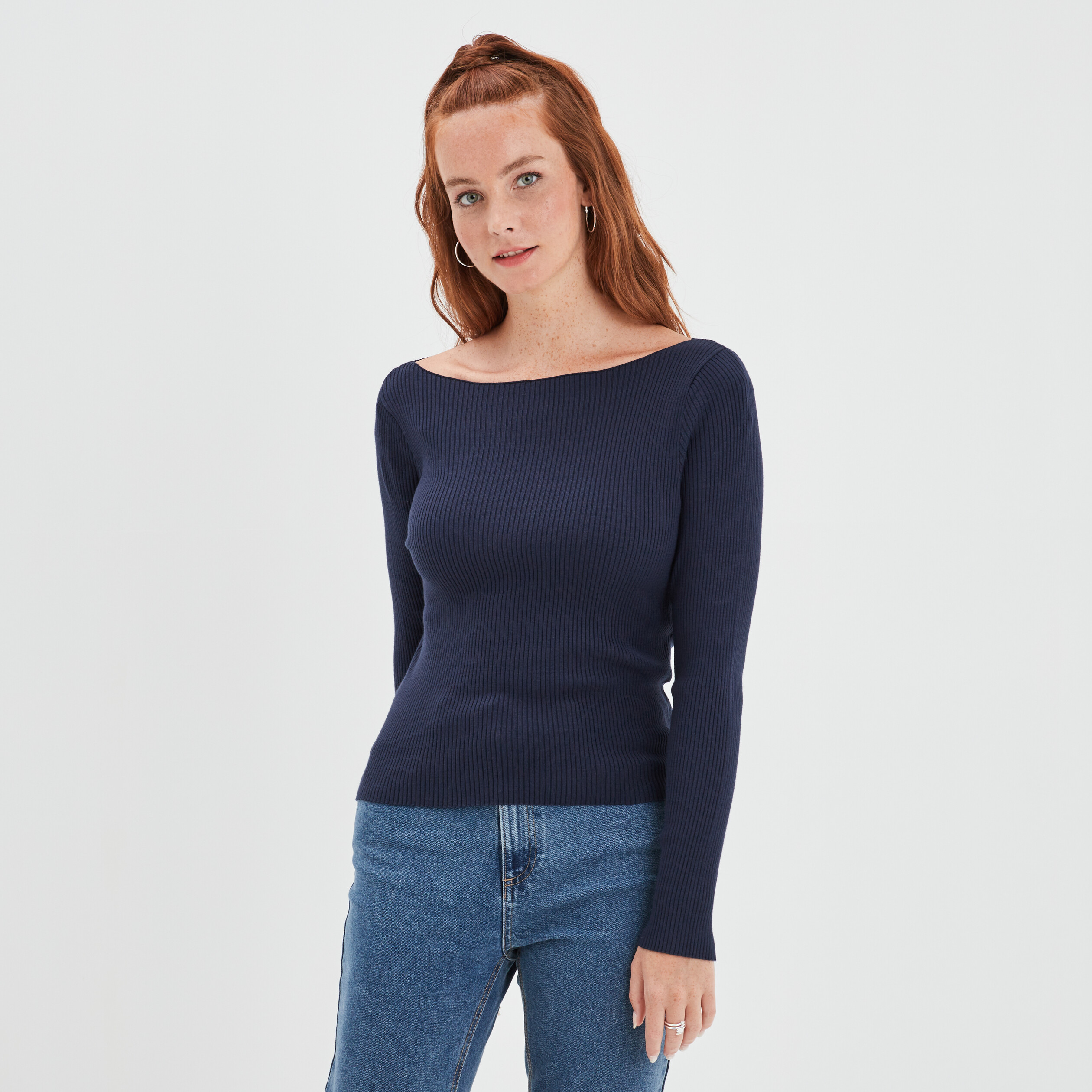 Pull côtelé court col bateau Creeks bleu marine femme | La Halle