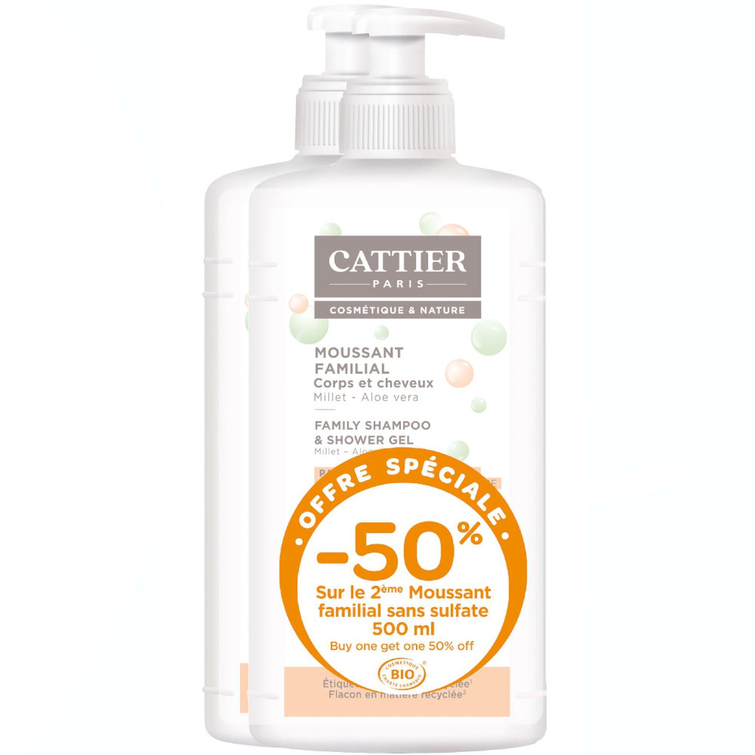 Cattier Moussant Familial Corps & Cheveux - Fleur d'Oranger 2x 500 ml