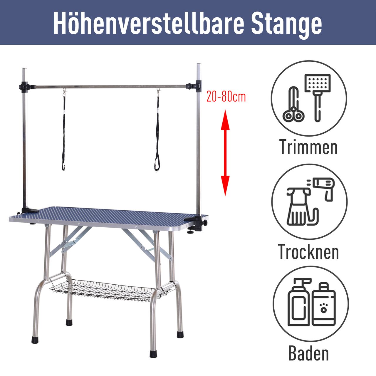 PawHut Trimmtisch Tierpflegetisch Schertisch Pflegetisch mit Unterkorb für Hunde höhenverstellbar klappbar Edelstahl Metall Blau 107 x 60 x 170 cm