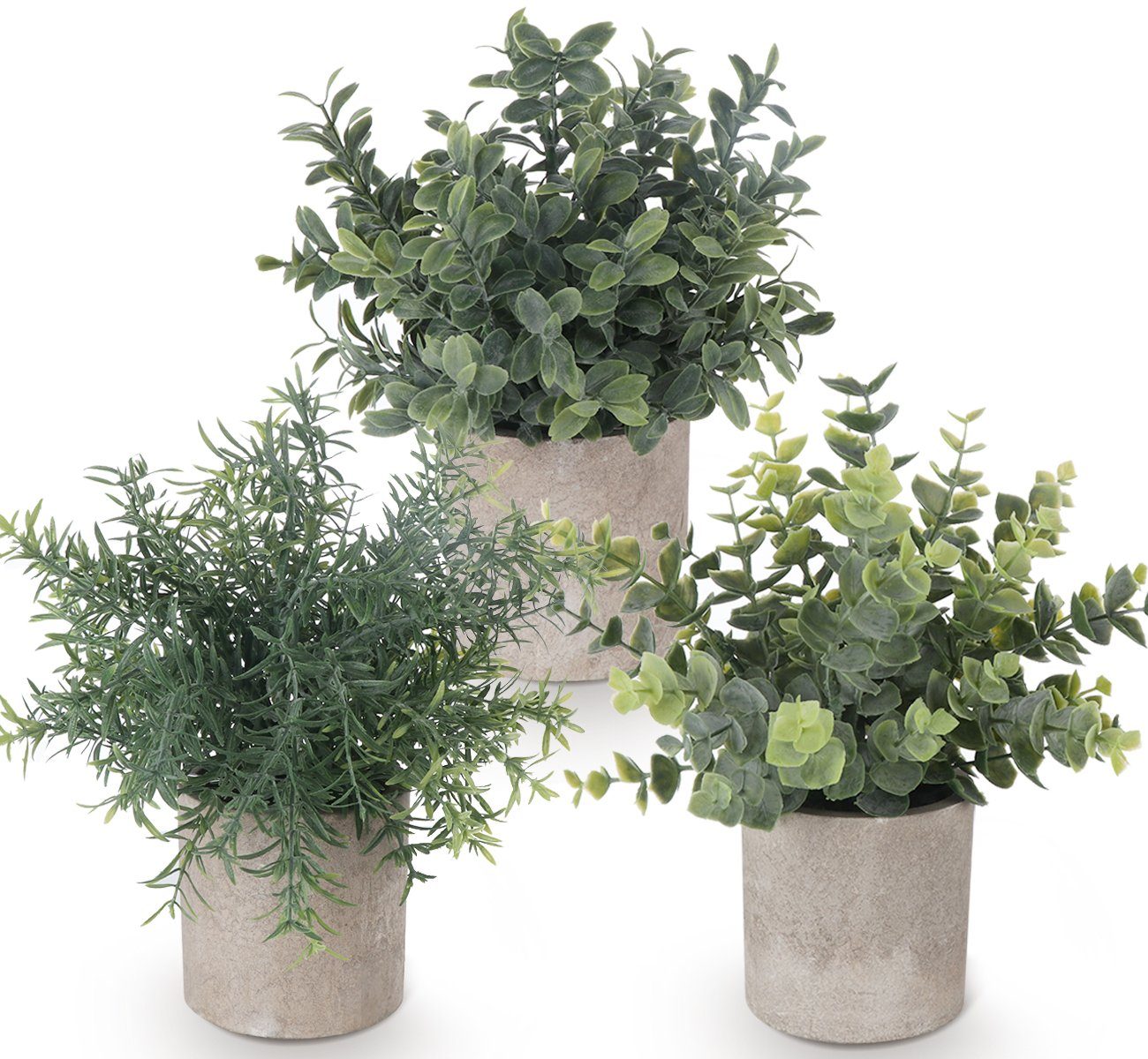 Künstliche Zimmerpflanze 3 Stück Mini Kunstpflanzen mit Töpfen Eukalyptus Rosmarin Babysbreath, Homewit, Tischdeko Haus Balkon Büro Deko