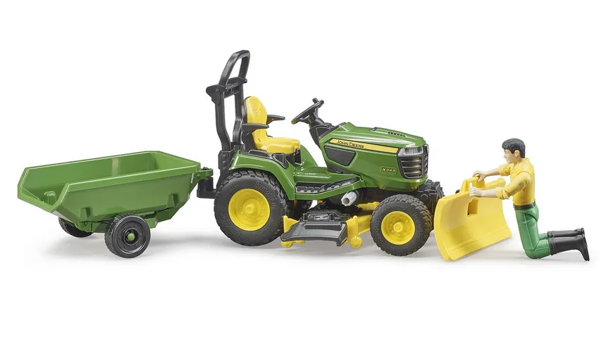 BRUDER - bworld John Deere Rasentraktor mit Anhänger und Gärtner