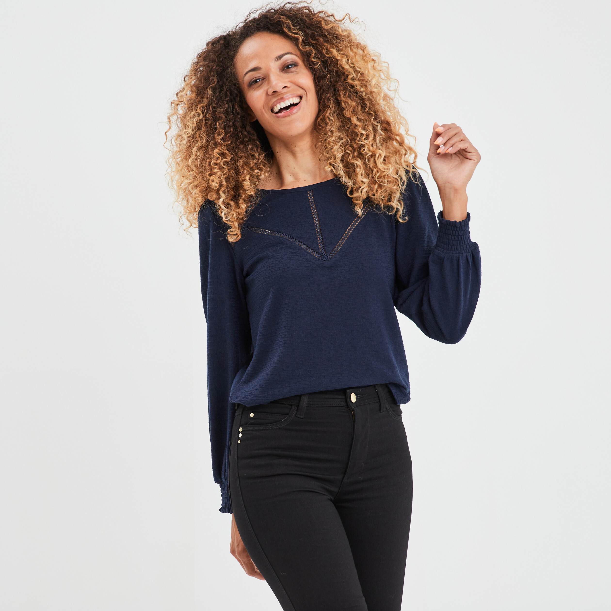 T-shirt avec bandes macramé Creeks bleu marine femme | La Halle
