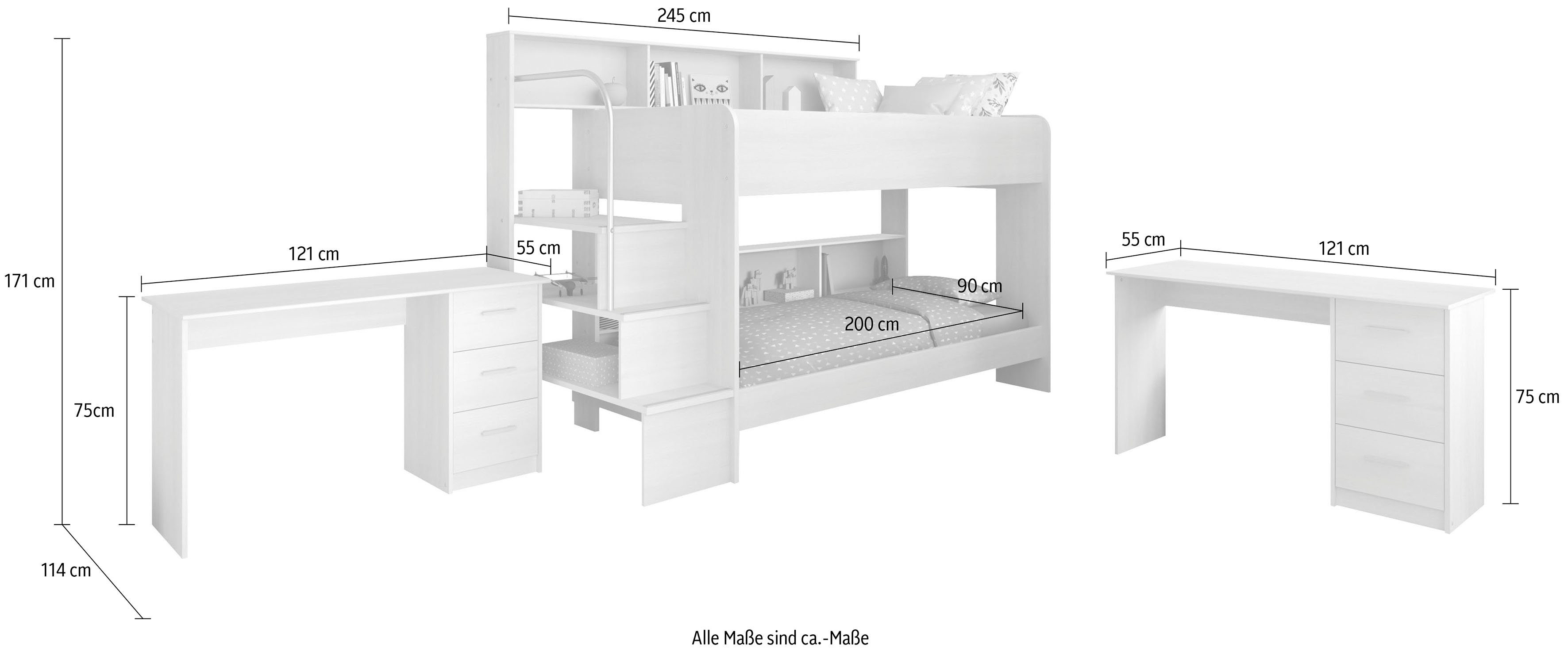 Parisot Jugendzimmer-Set Bibop, (3-St., Etagenbett, zwei Schreibtische), mit 2 Schreibtischen