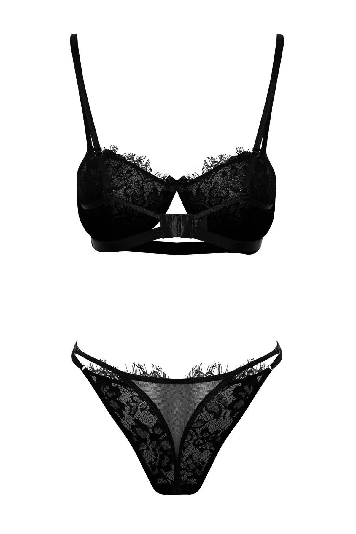 Trendyol Collection  Schwarzes Dessous-Set aus Strick mit Bügel und String-Trägern aus Spitze, ohne Kappe THMAW23CC00013