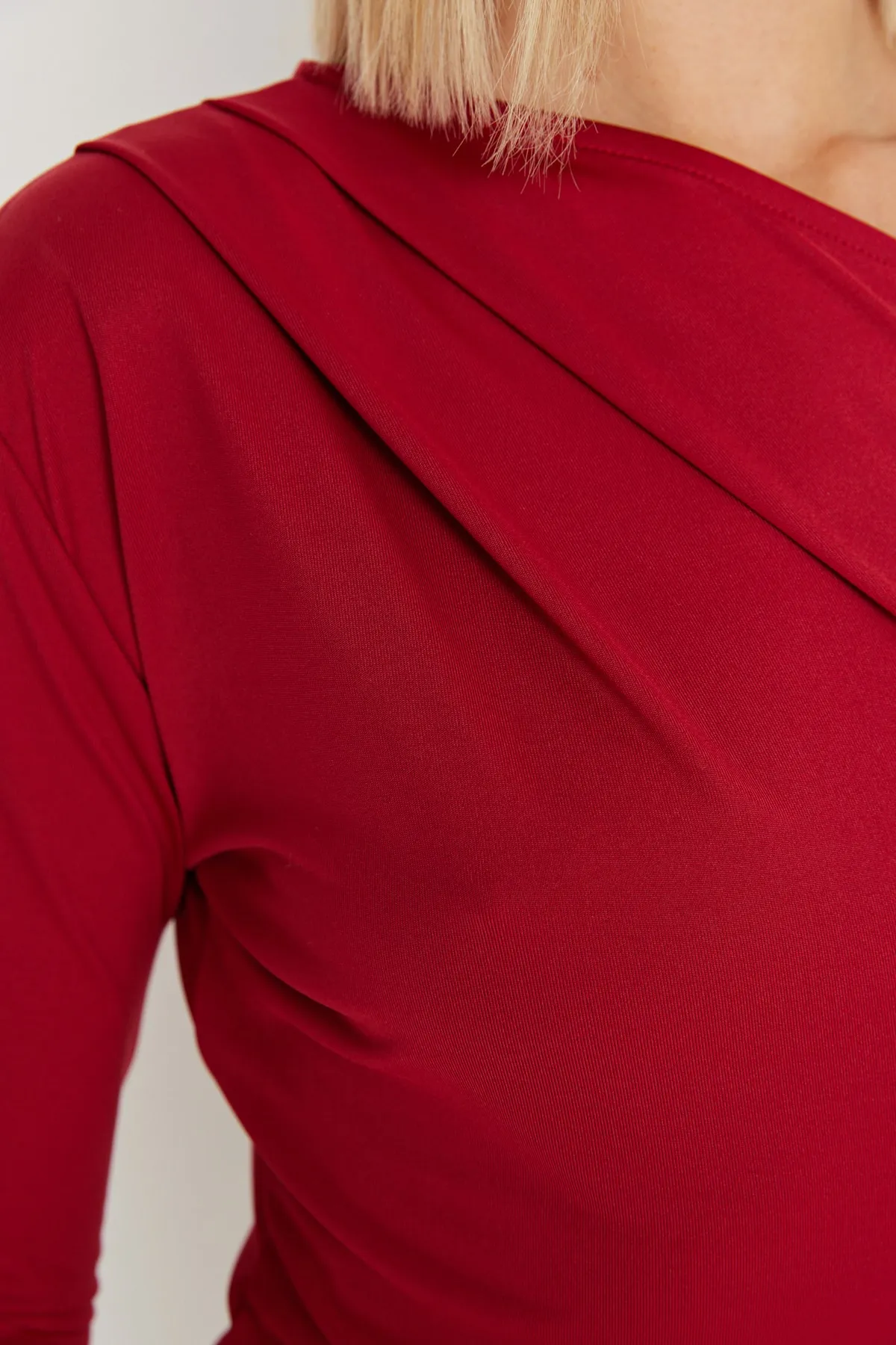 Trendyol Collection  Bordeauxroter, asymmetrischer Kragen, langärmliger Stretch-Strickbody mit Druckknöpfen, TWOAW22BD0080