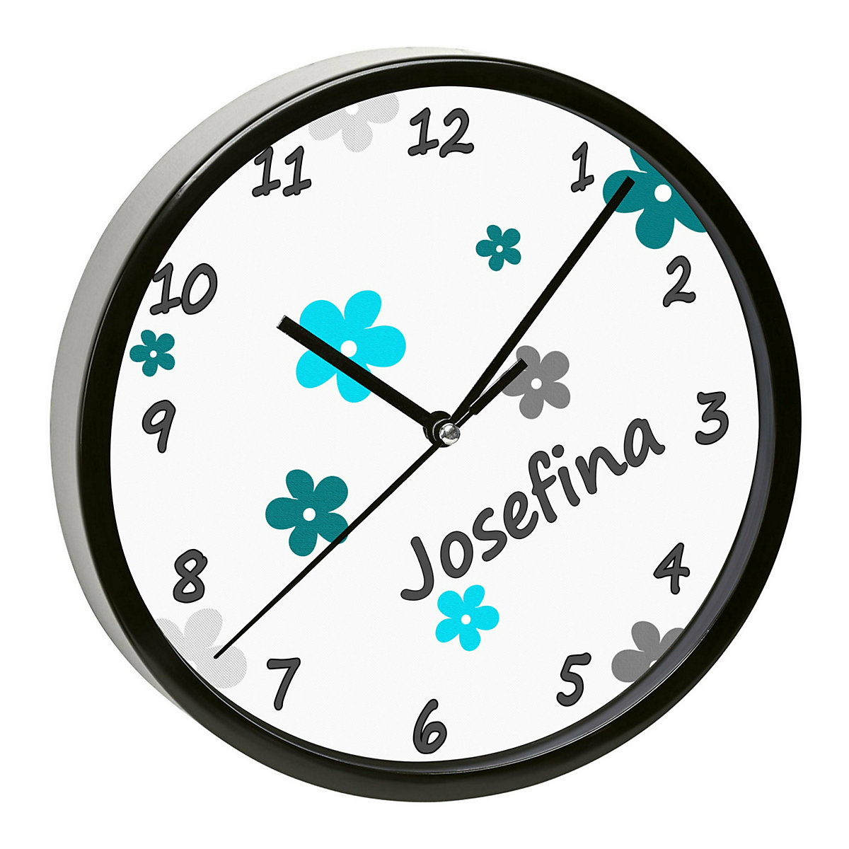 Kinder Wanduhr laufruhig personalisiert mit Name Blumen Türkis