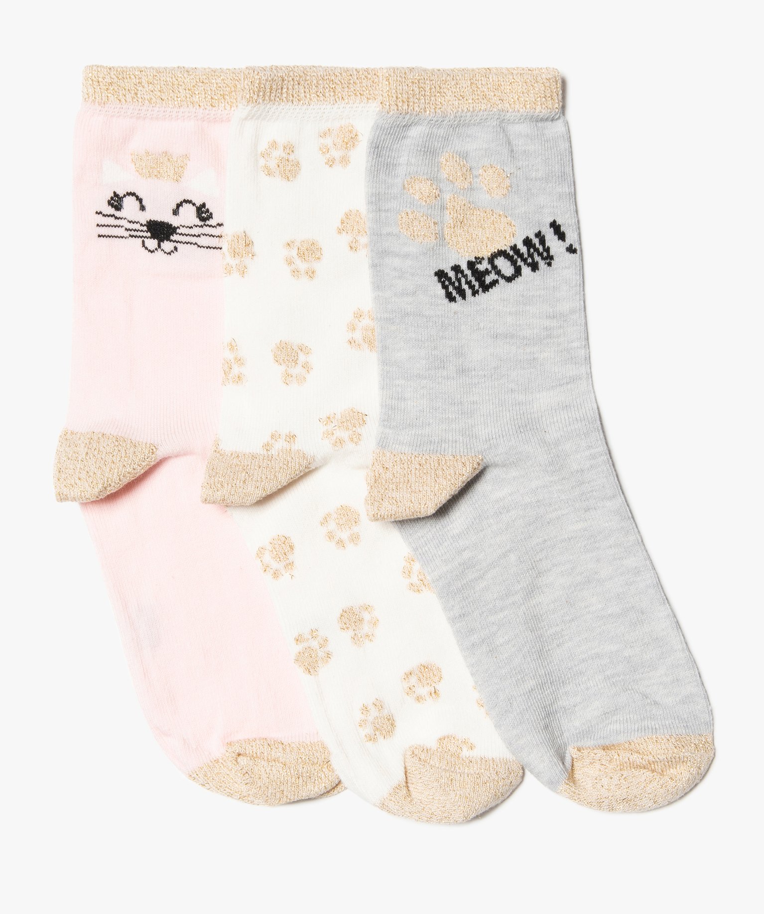 Chaussettes fille motif chat avec détails pailletés (lot d... ecru | GEMO