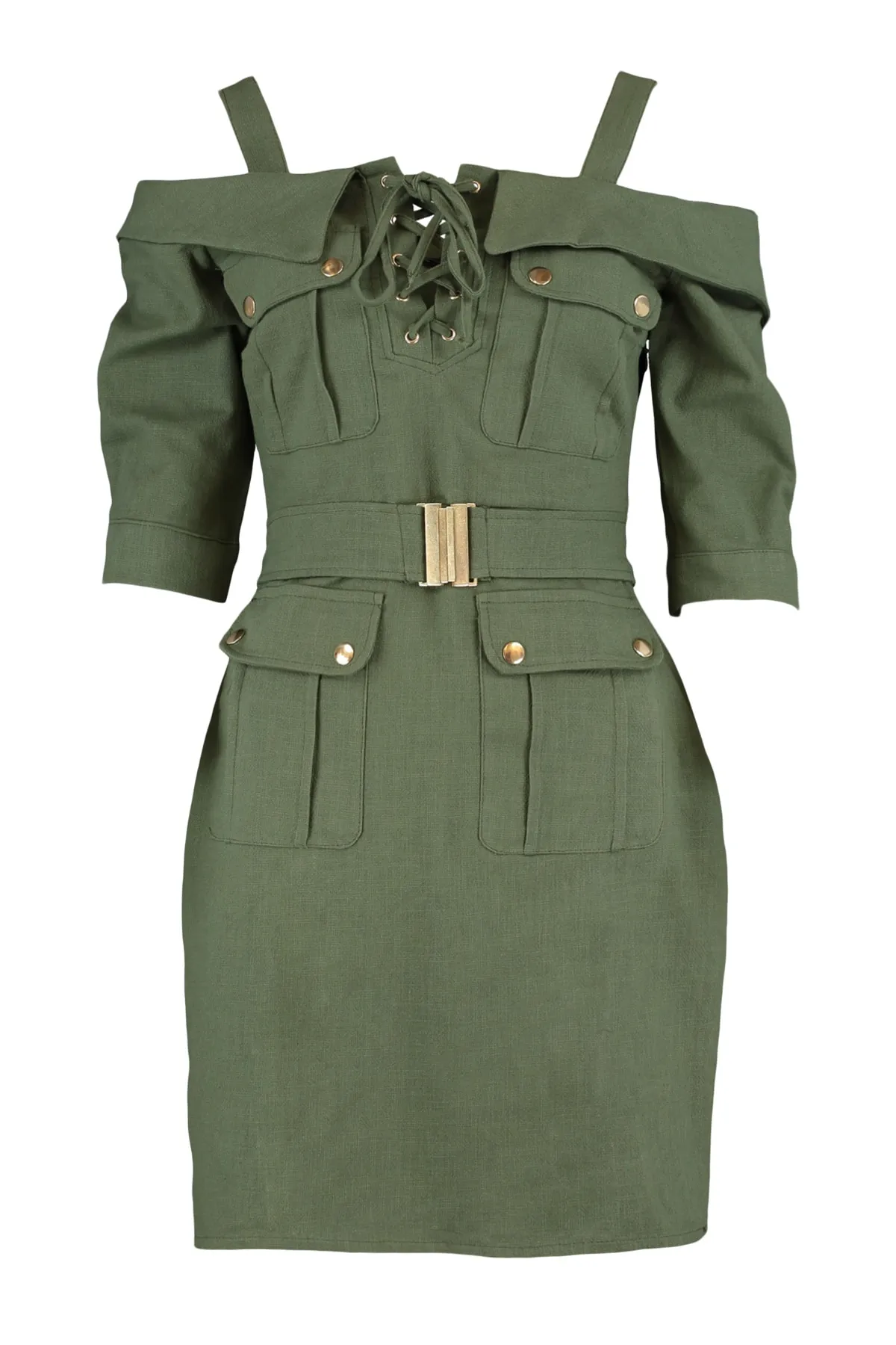 Trendyol Collection  Khakifarbenes, gewebtes Kleid mit Vogelaugenmuster und Gürtel TWOSS21EL1111