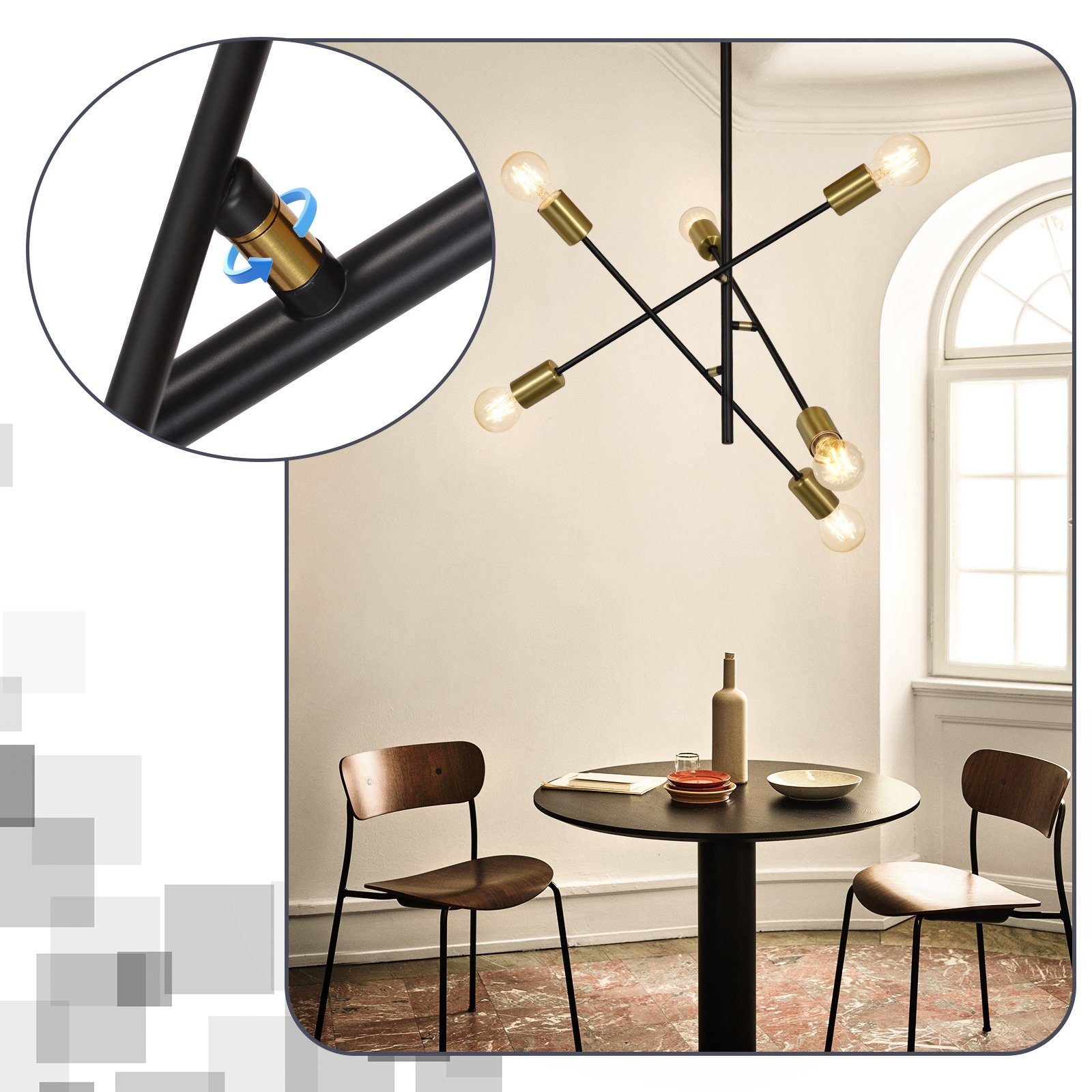 Nettlife Pendelleuchte Schwarz Esstisch mit 4/6 Flammig Hängelampe Vintage Hängeleuchte, Flexibler Lampenmast, ohne Leuchtmittel, für Wohnzimmer Esszimmer Schlafzimmer, 6 Flammig, E27