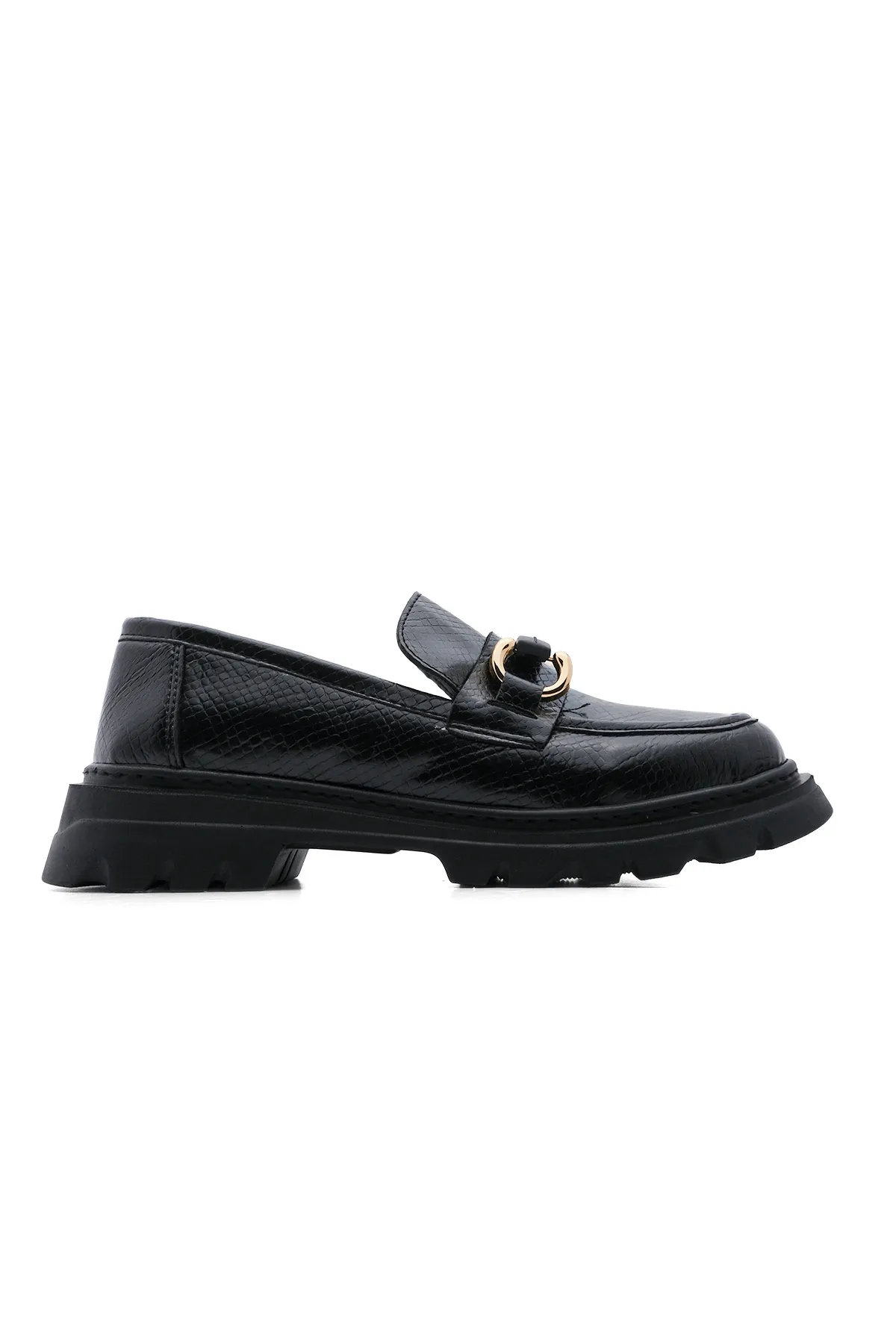 Marjin  Damen Loafer Hohe Sohle Schnalle Freizeitschuhe Kinles Black Snake