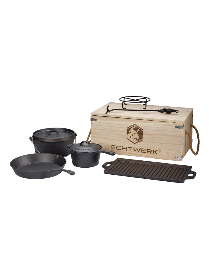 Echtwerk 7 tlg. Set Gusseiserner Dutch Oven inkl. Holzkiste in Schwarz günstig kaufen onesize