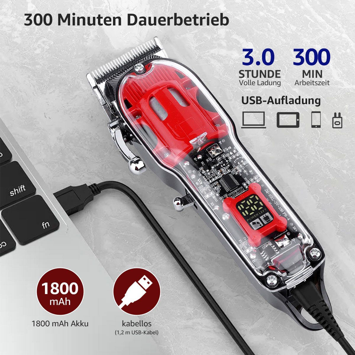 7Magic Haarschneider JM200A Professionelle Herren haarschneidemaschinen, Trimmer mit 8 Kamm und Schal IP65 Wasserdicht, Multifunktionale Transparente Bartschneider