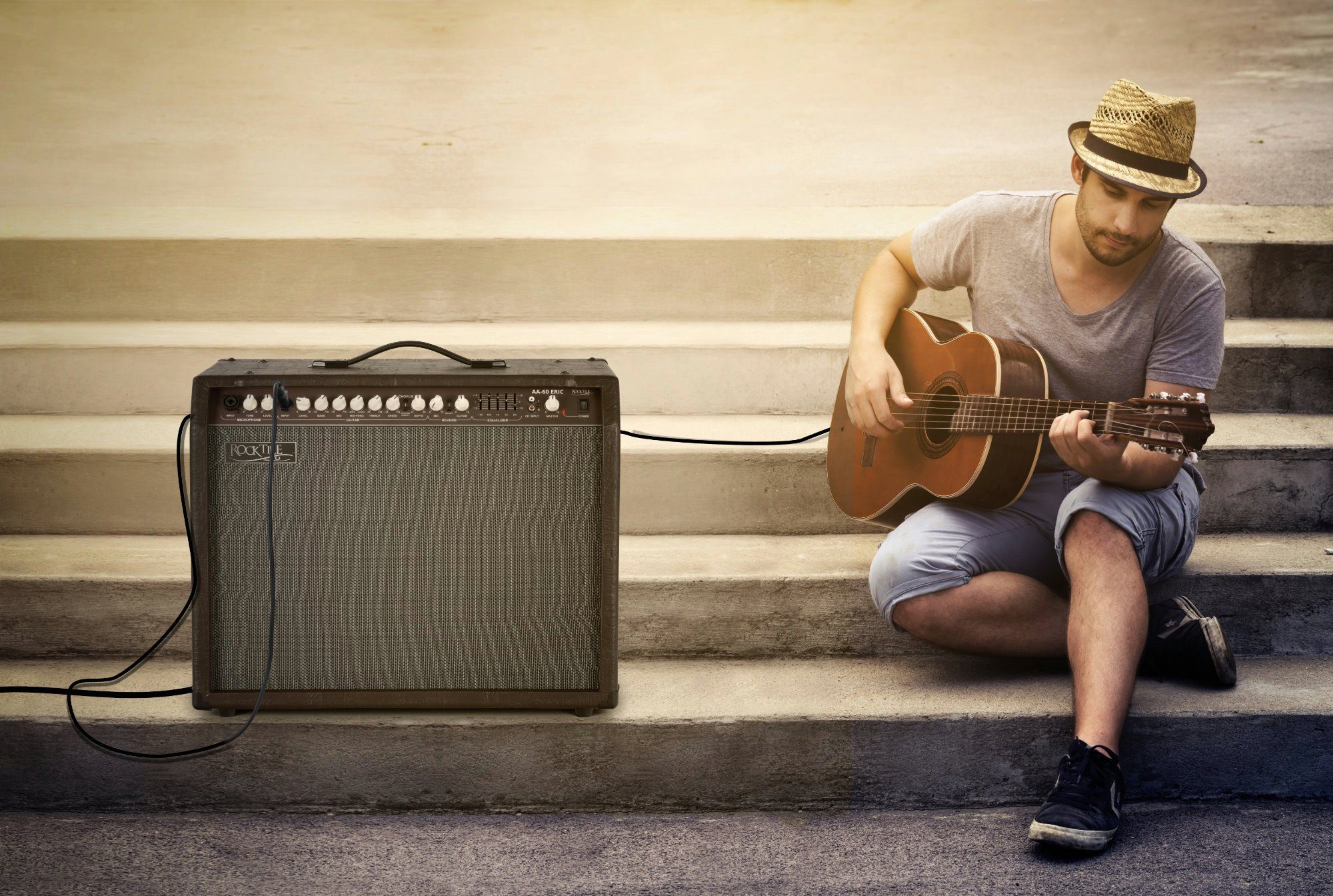 Rocktile AA-60 Eric Akustikverstärker Verstärker (Anzahl Kanäle: 2 (Mikrofon und Gitarre), 60 W, Comboverstärker - 5-Band EQ - Reverb-Effekt für Gesang und Gitarre)