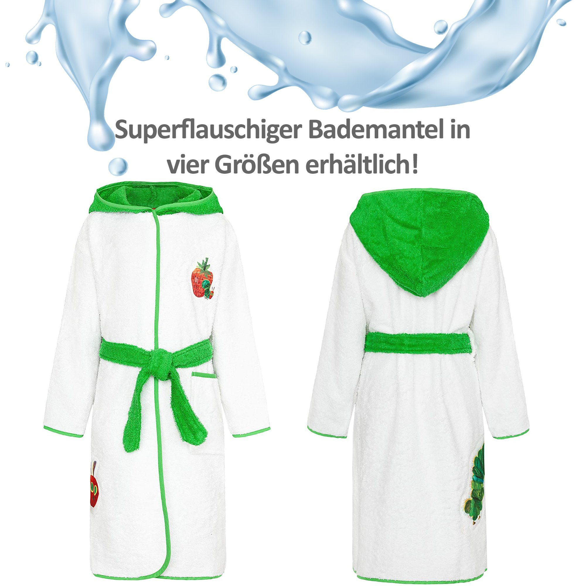 Smithy Kinderbademantel Raupe Nimmersatt, Frottee, Kapuze, Gürtel, Knöpfe, made in Europe