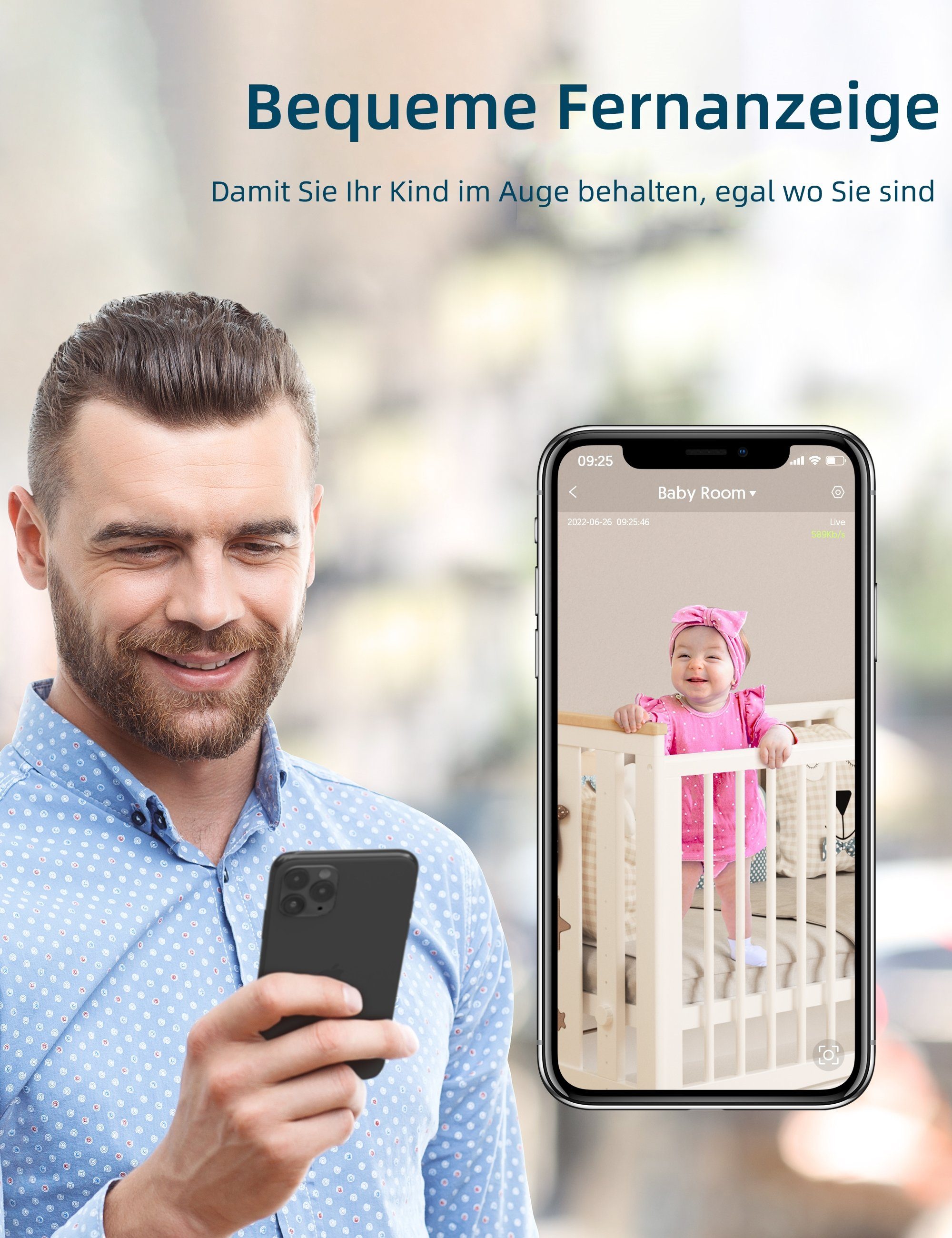GNCC Babyphone mit Kamera, WLAN Überwachungskamera Innen mit APP 2.4G, 1-tlg., für Babys/ältere Menschen/Haustiere