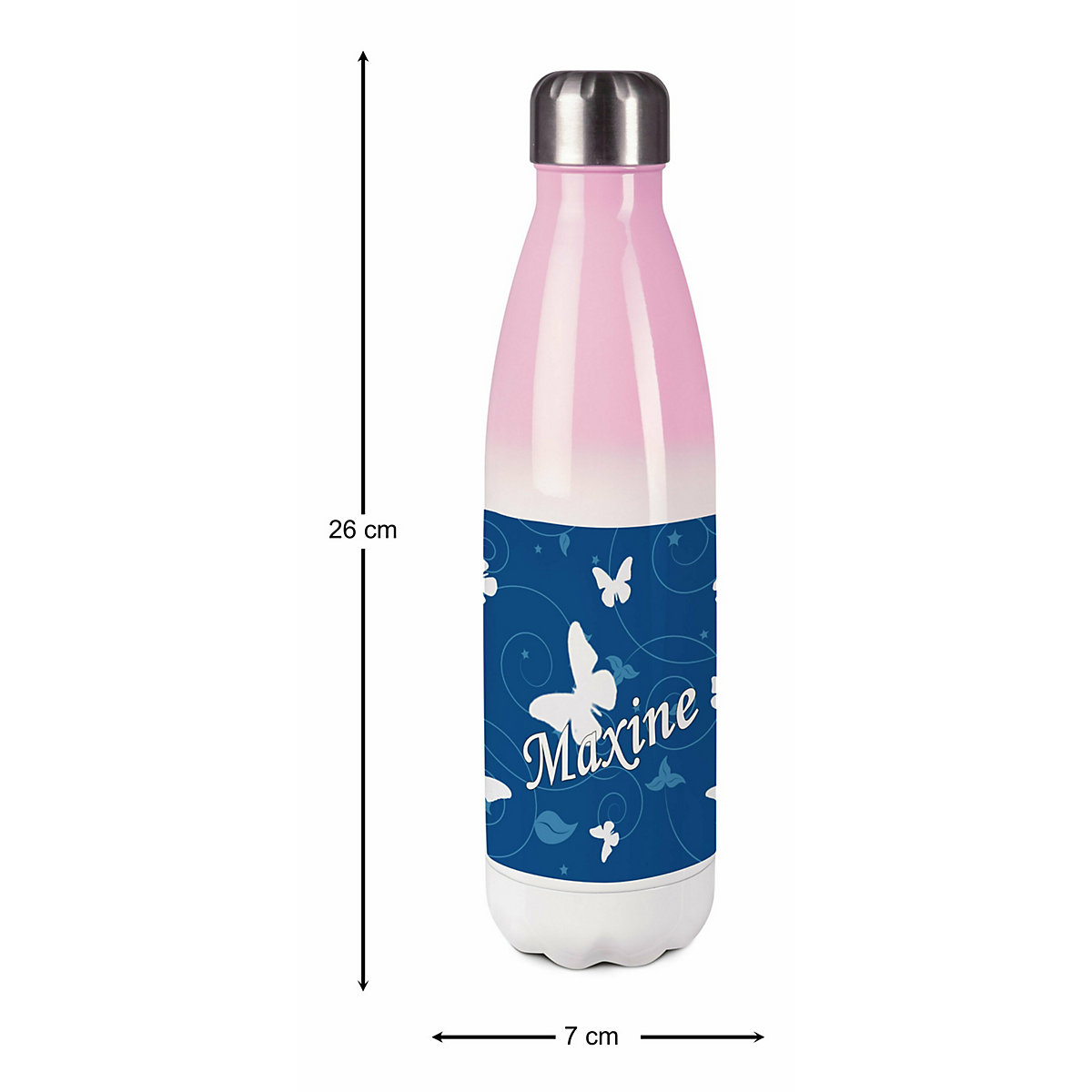 Edelstahl Kinder Thermoflasche / Trinkflasche bunt Schmetterling Ornamente Farbe blau Spülmaschinenfest, Auslaufsicher, Bruchfest, Doppelwandig, Für Heißgetränke geeignet, Mit Deckel, Isoliert