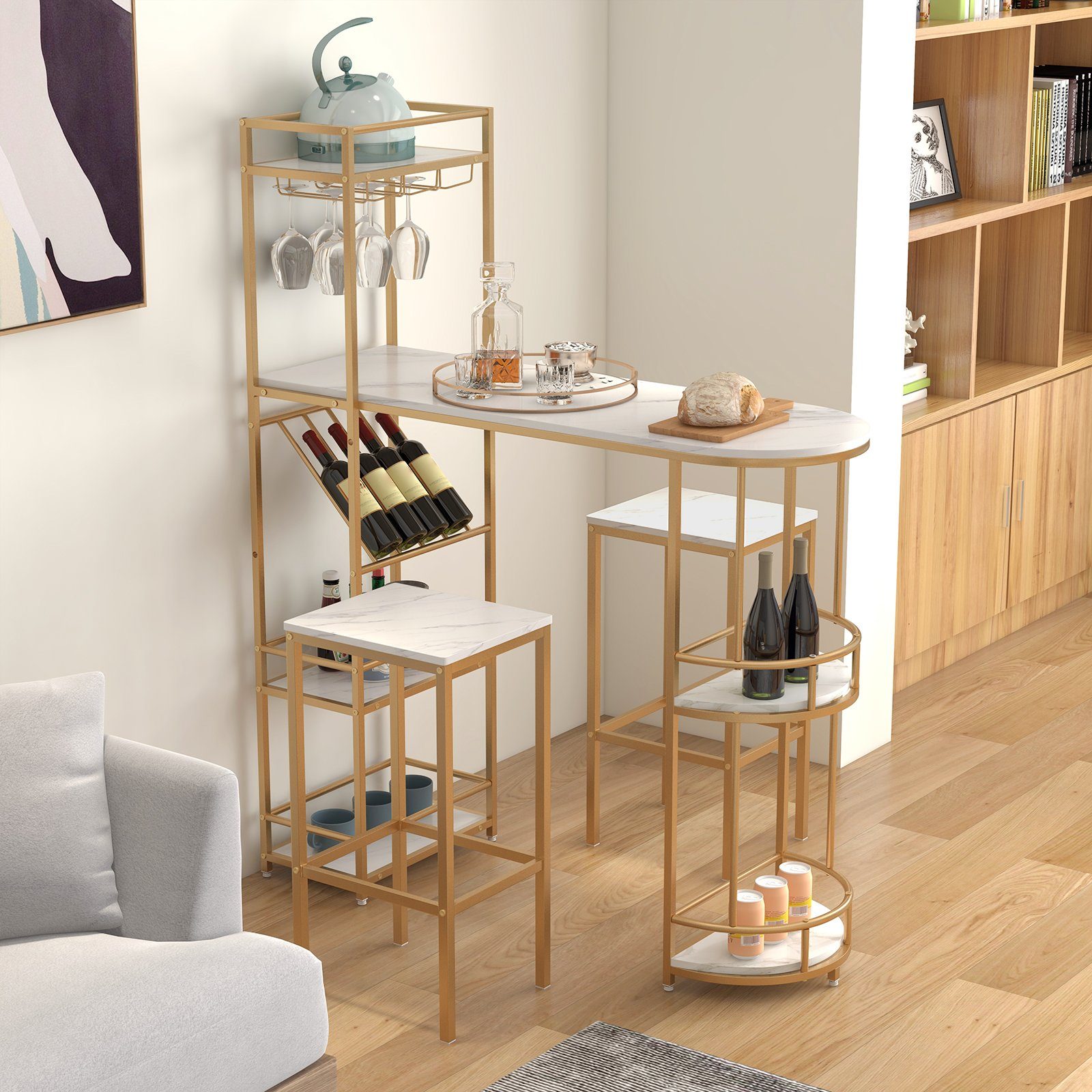 COSTWAY Bartisch, mit Hocker 2er Set, Mamor, mit Ablage, Glashalter&Weinregal