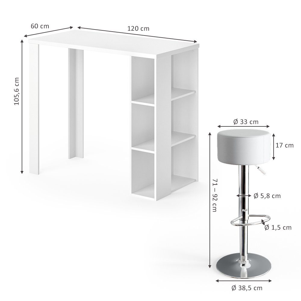 Vicco Bartisch Tresentisch Bartresen Bistrotisch NOEL Weiß inkl. Hocker