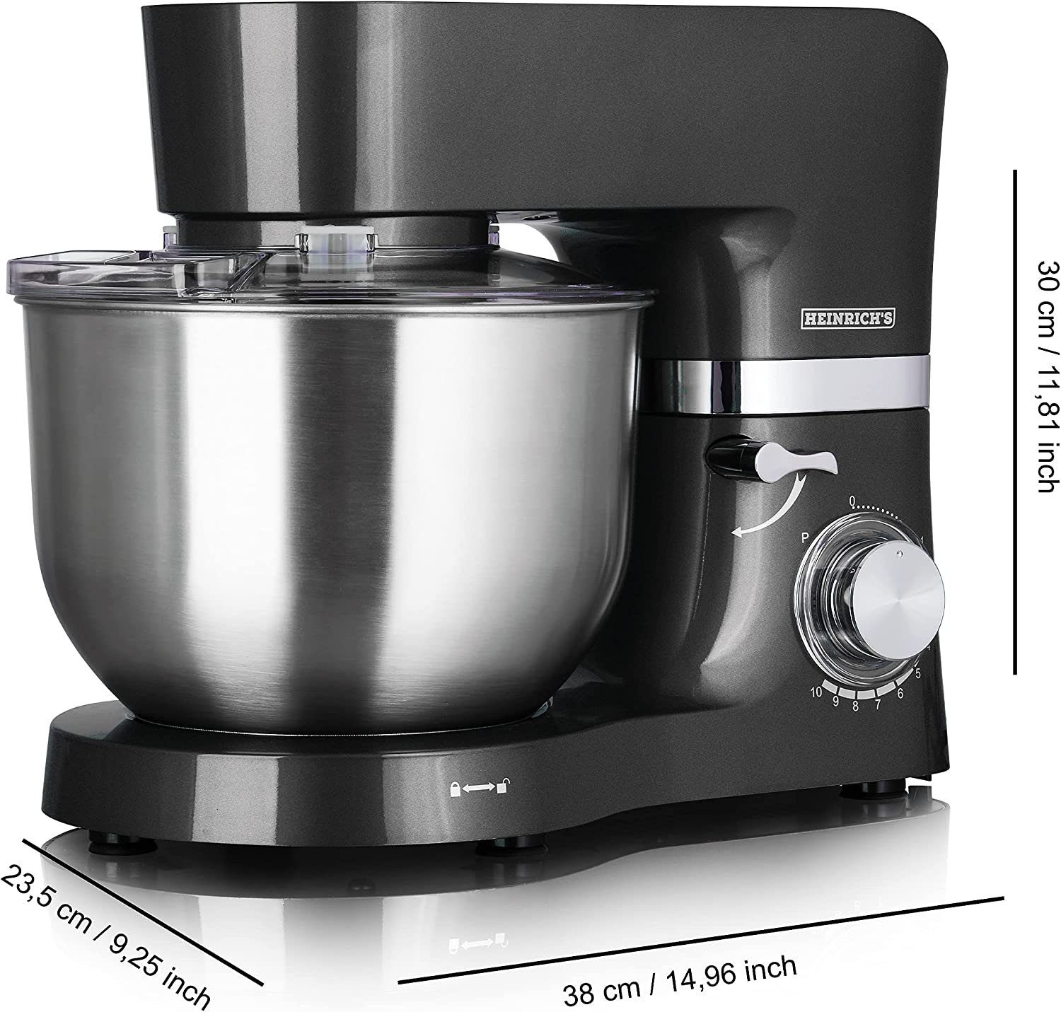 Heinrich´s Multifunktions-Küchenmaschine HKM 6278, 1300 W, 6,20 l Schüssel, XL 6,2L Edelstahlschüssel mit Spritzschutz, 3 Aufsätze, 11 Stufen
