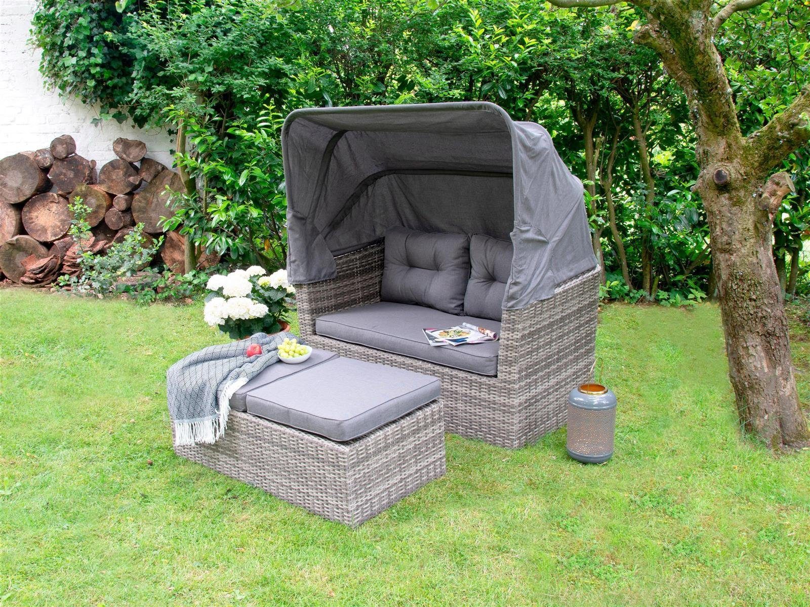 bellavista - Home&Garden® Strandkorb Multifunktionslounge - Strandkorb Long Island, BxTxH: 145x80x152 cm, Modern, (Set, 7-tlg., inkl. Sitz und Rückenkissen), 2-sitzer Sofa ca. 145x80x80,5cm (BxTxH) und 145x80x152cm (BxTxH) mit aufgeklapptem Dach, Fuß