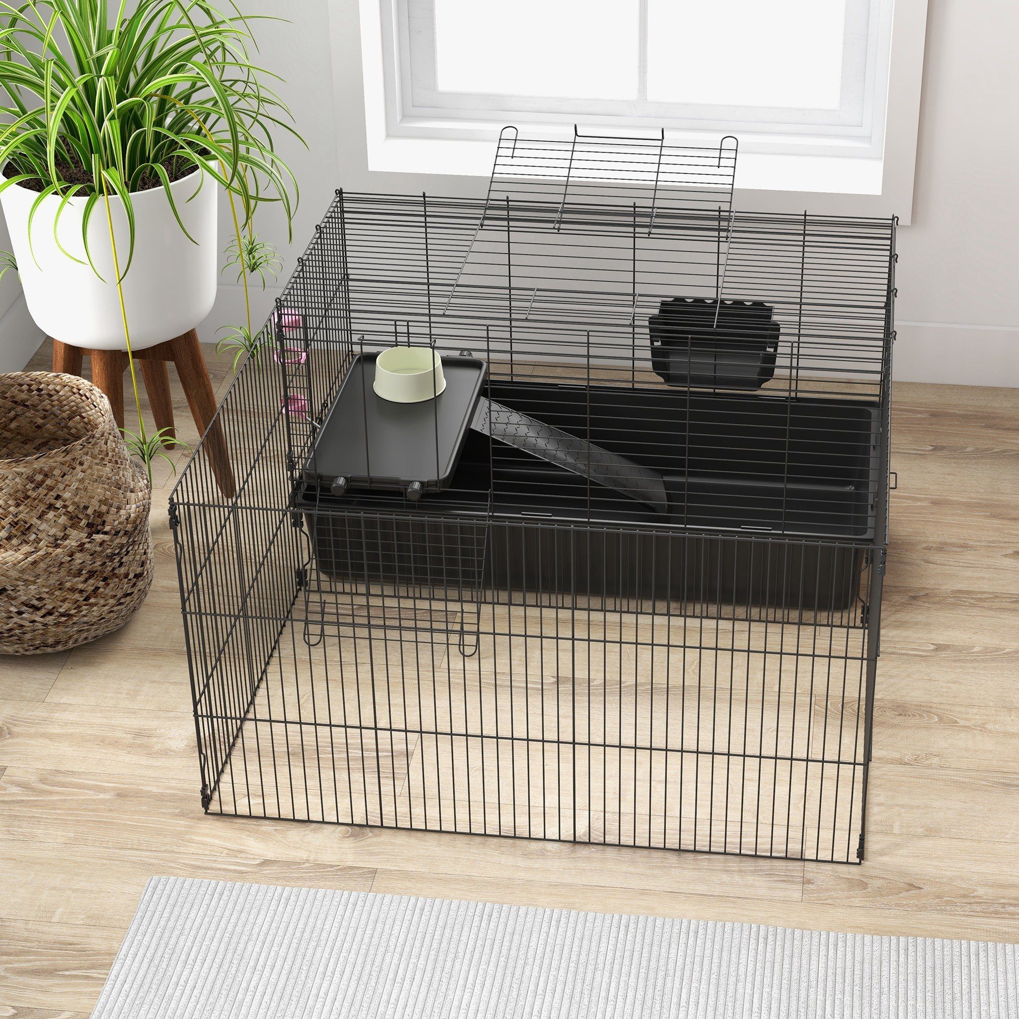 PawHut Kleintierkäfig Kleintierkäfig Nagerkäfig mit Zubehör Kleintierstall Stahl Schwarz, 112.5L x 99B x 54Hcm