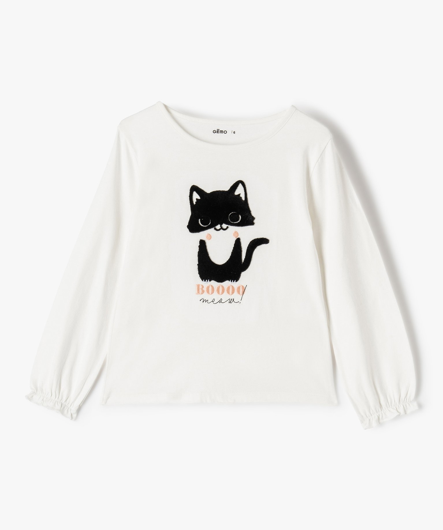 Tee-shirt fille à manches longues fantaisie et motif chat e... ecru | GEMO