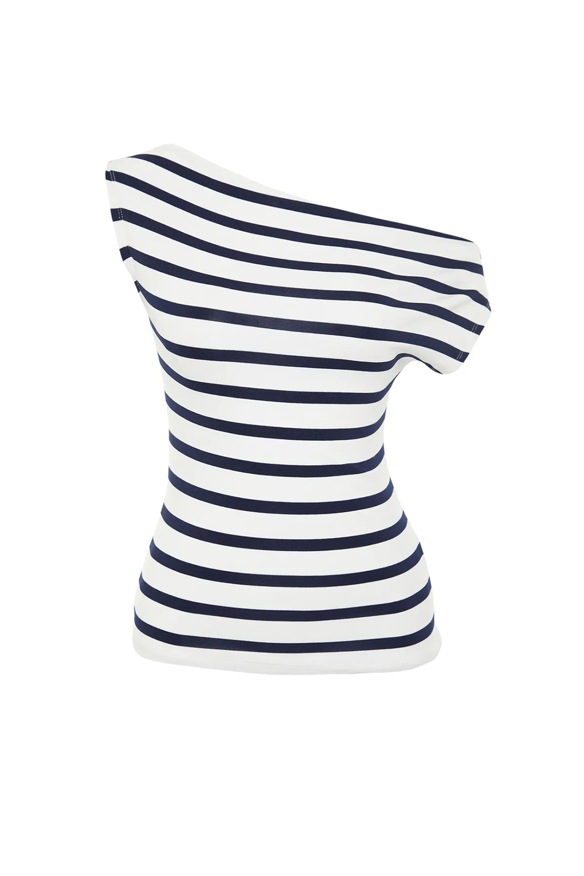 Trendyol Collection  Marineblau gestreifte, taillierte, flexible Strickbluse mit U-Boot-Ausschnitt und viskosem/weichem Stoff TWOSS24BZ00090