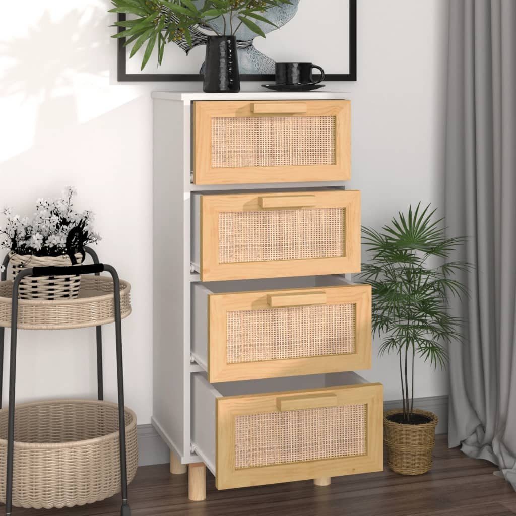 vidaXL Sideboard Sideboard Weiß 40x30x90 cm Massivholz Kiefer und Natur-Rattan (1 St)