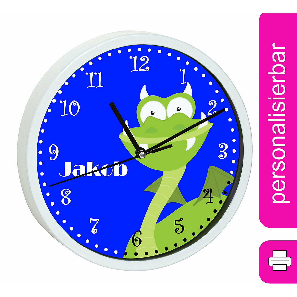 Kinder Wanduhr laufruhig personalisiert mit Name Drache grün