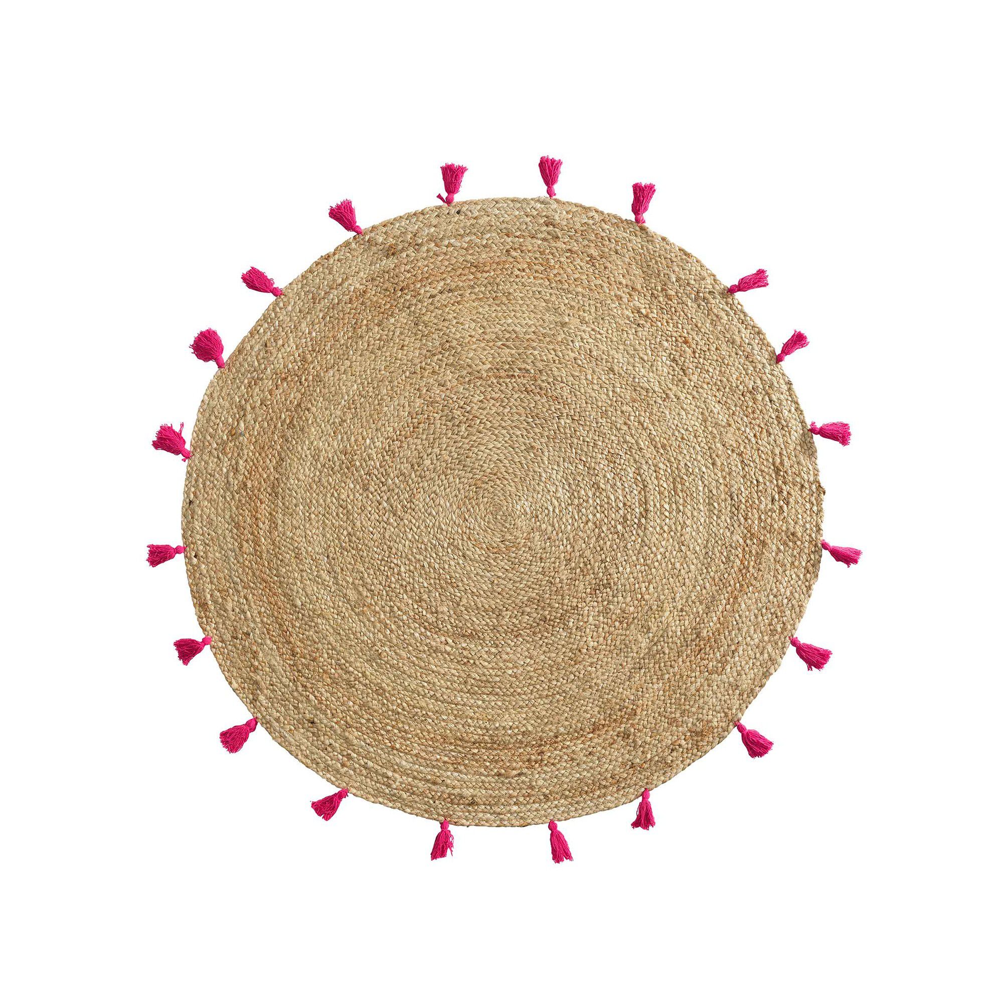 Tapis rond en jute avec pompons de couleur