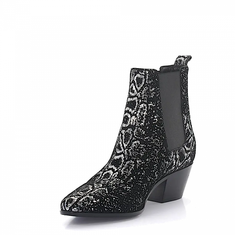 Saint Laurent - Stiefeletten Kalbsleder Veloursleder Glitzer schwarz silber - grau
