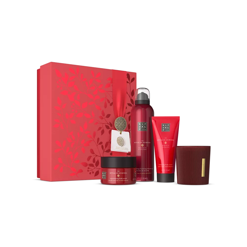 Coffret cadeau Le Rituel de l'Ayurveda M : gel douche moussant 200 ml, crème pour le corps 100 ml, gommage corporel 125 g, bougie parfumée 140 g