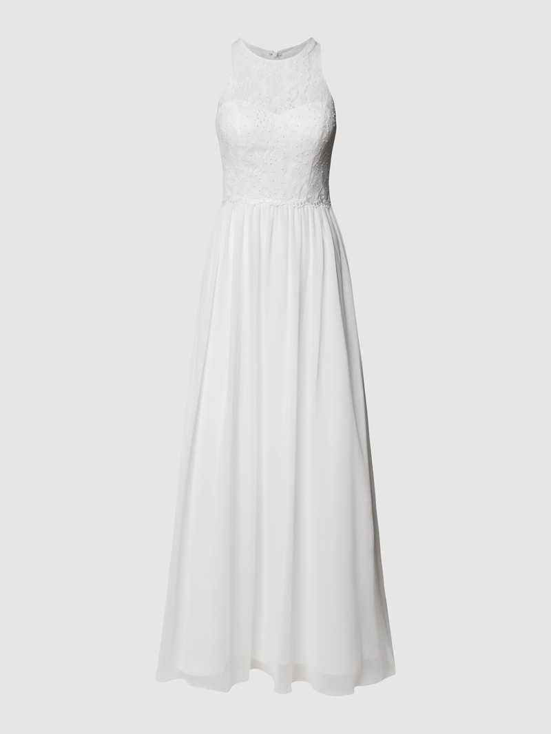 Abendkleid mit floralen Stickereien und Zierperlen in offwhite