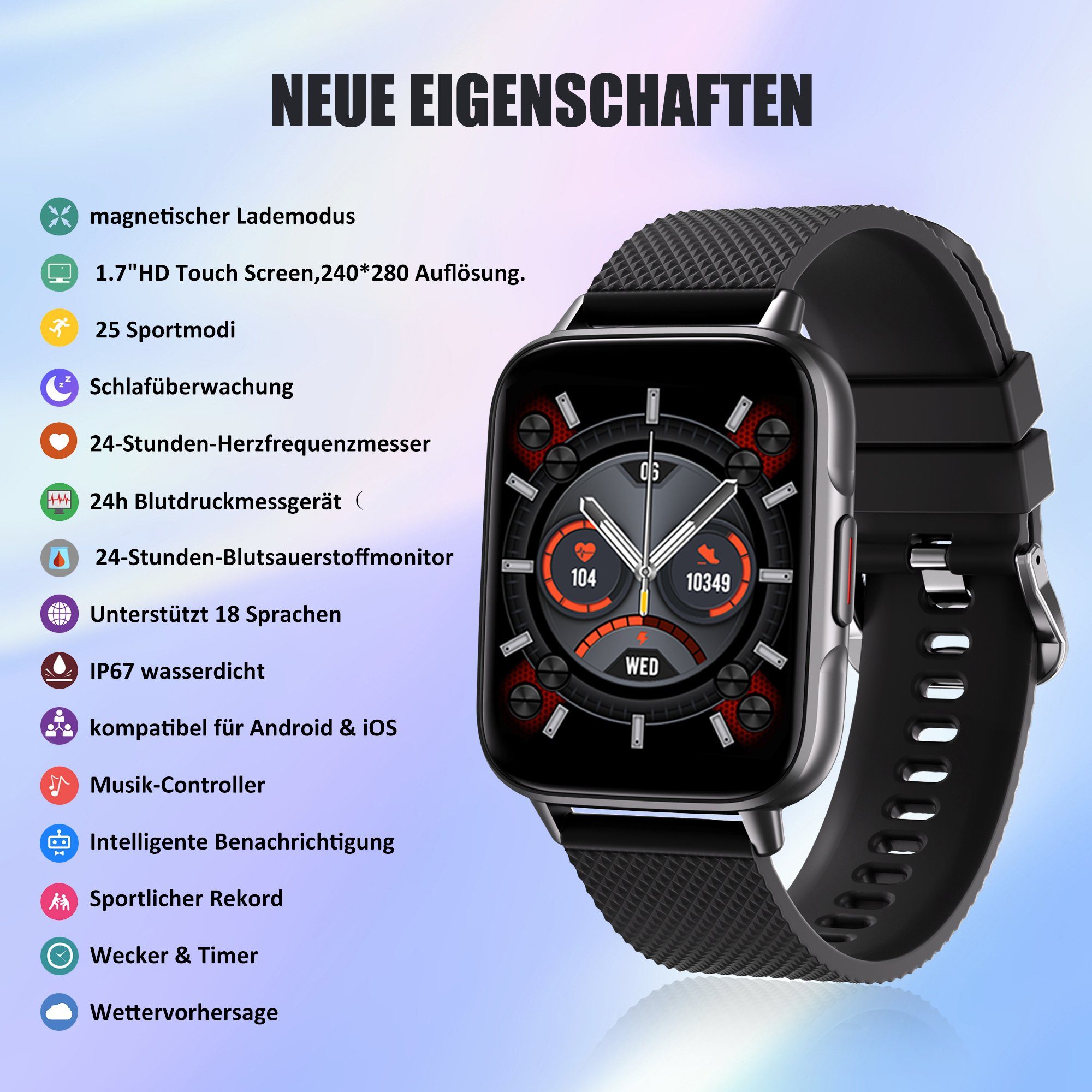 Tisoutec Smartwatch Damen Herren Smartwatch (Fitnessuhr mit Telefonfunktion/WhatsApp Notiz,Smartwatch Fitness Tracker Uhr IP67 Wasserdicht,1.7
