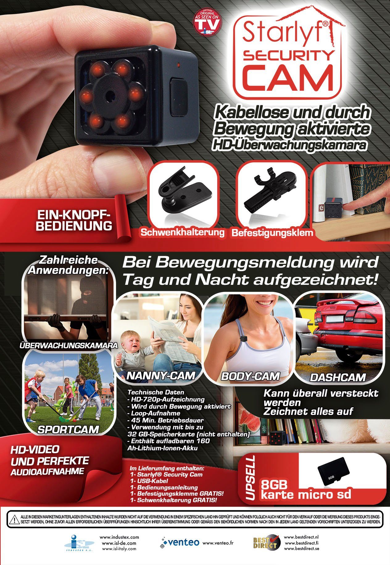 Starlyf Security Cam Überwachungskamera (Außenbereich, Innenbereich, Spar Set 1er oder 2er Pack, 1-tlg., Mini Kamera, Sport Cam, Body Cam, Mini Cam)
