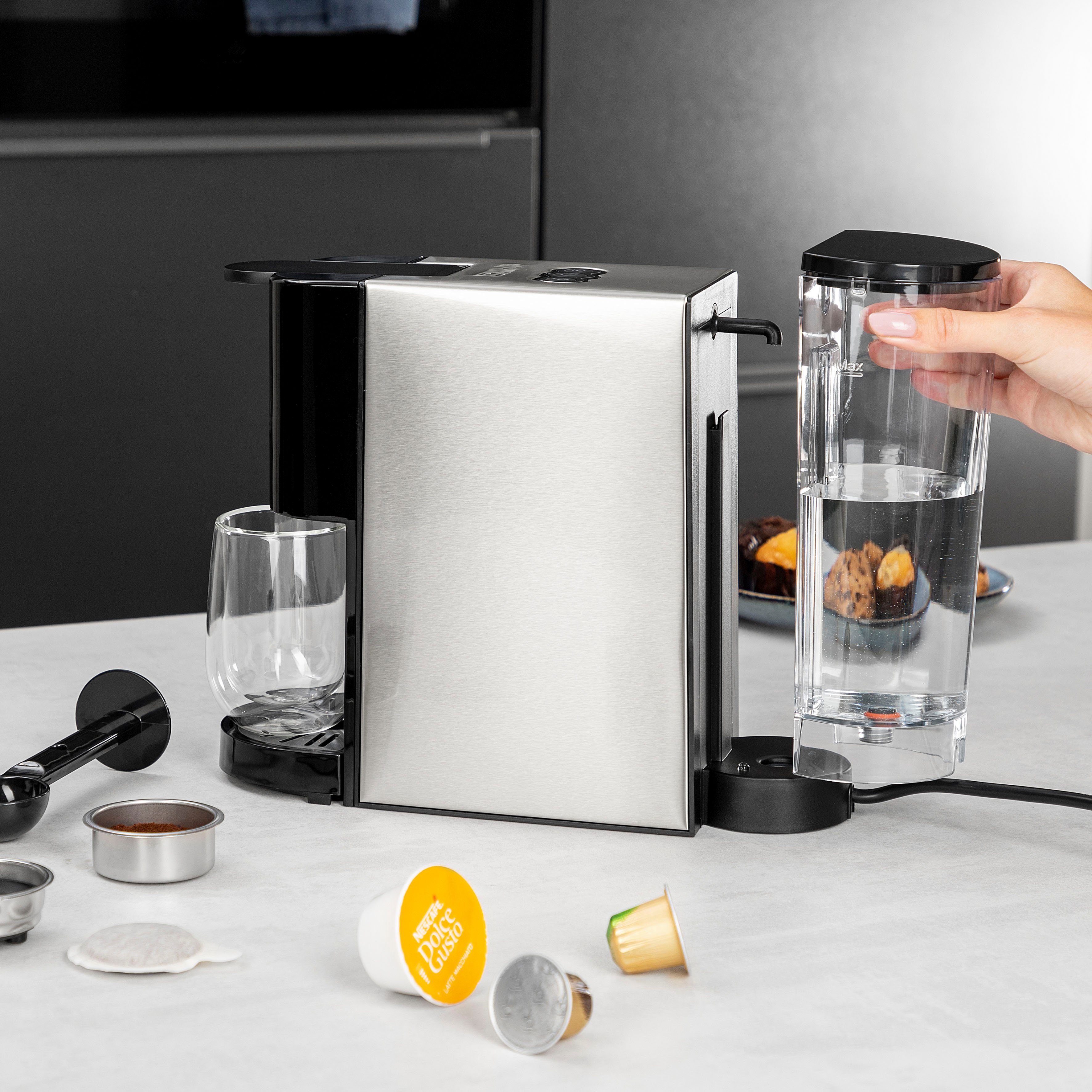 PRINCESS Kapsel-/Kaffeepadmaschine 249450, 4-in-1, Kapsel, Pads, Gemahlenen Kaffee, 1450 Watt