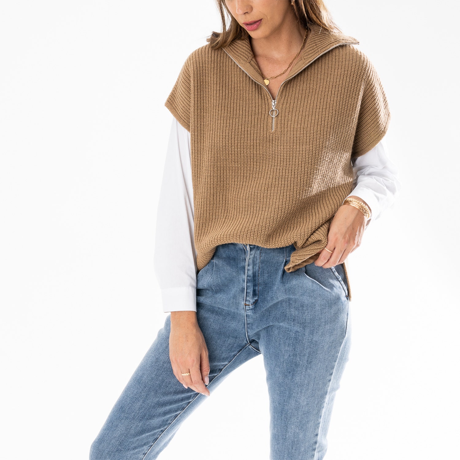 Pull-cape TEXTO beige en tricot à col camionneur - taille unique