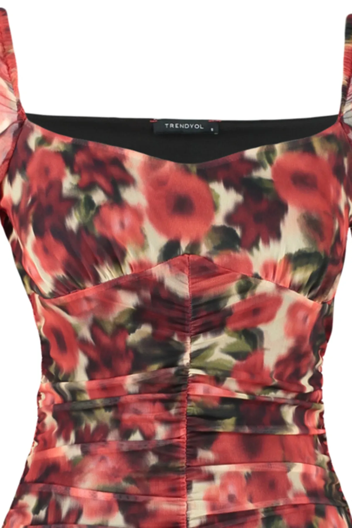 Trendyol Collection  Rotes, bedrucktes Tüll-Sweatshirt-Ausschnitt, figurbetontes, langärmliges, dehnbares Mini-Strickkleid TWOAW24EL00219