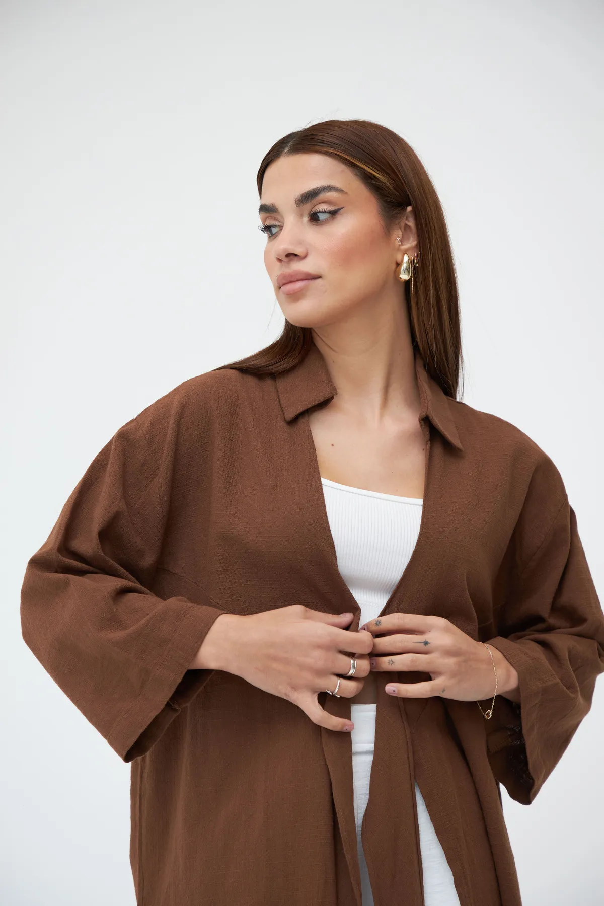 Laluvia  Coffee Flam Leinen-Kimono-Shirt